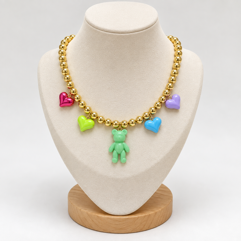 Unique Heart-Shaped Beaded Bear Pendant Necklace