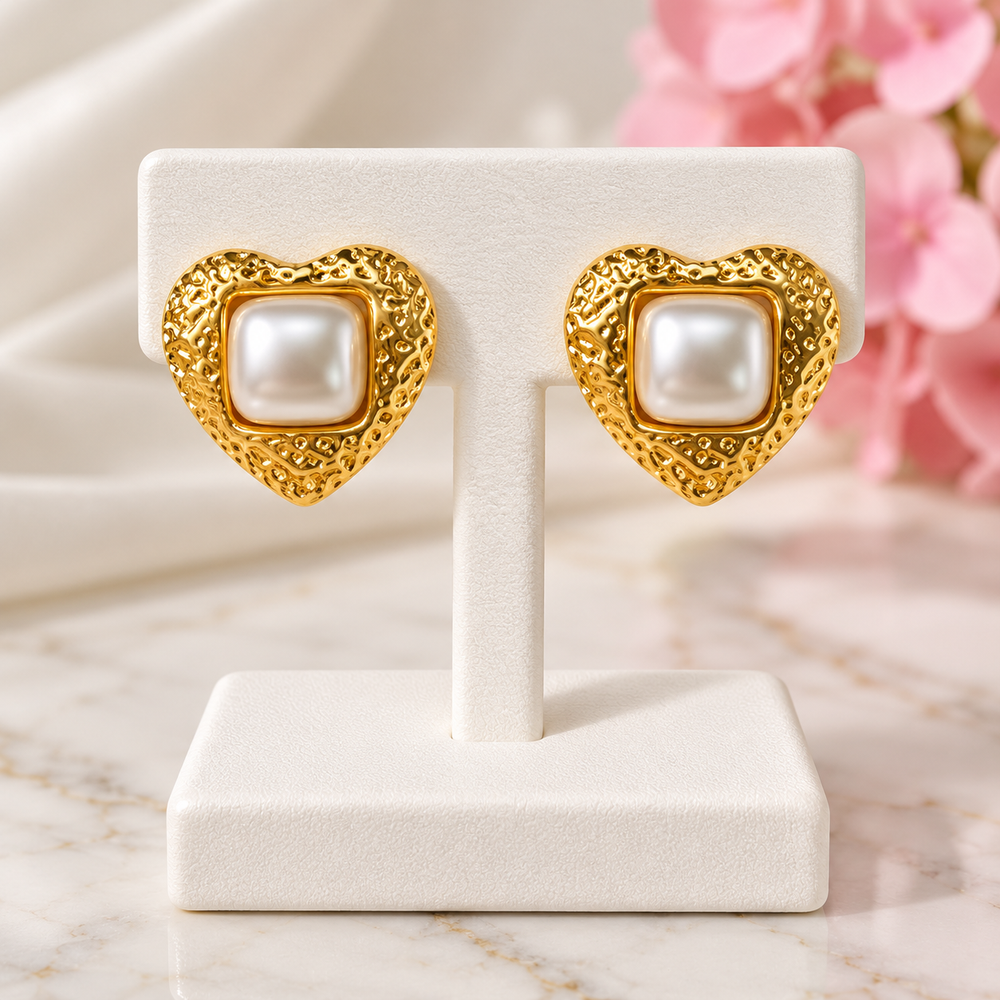 Gold-Plated Faux Pearl Heart Stud Earrings
