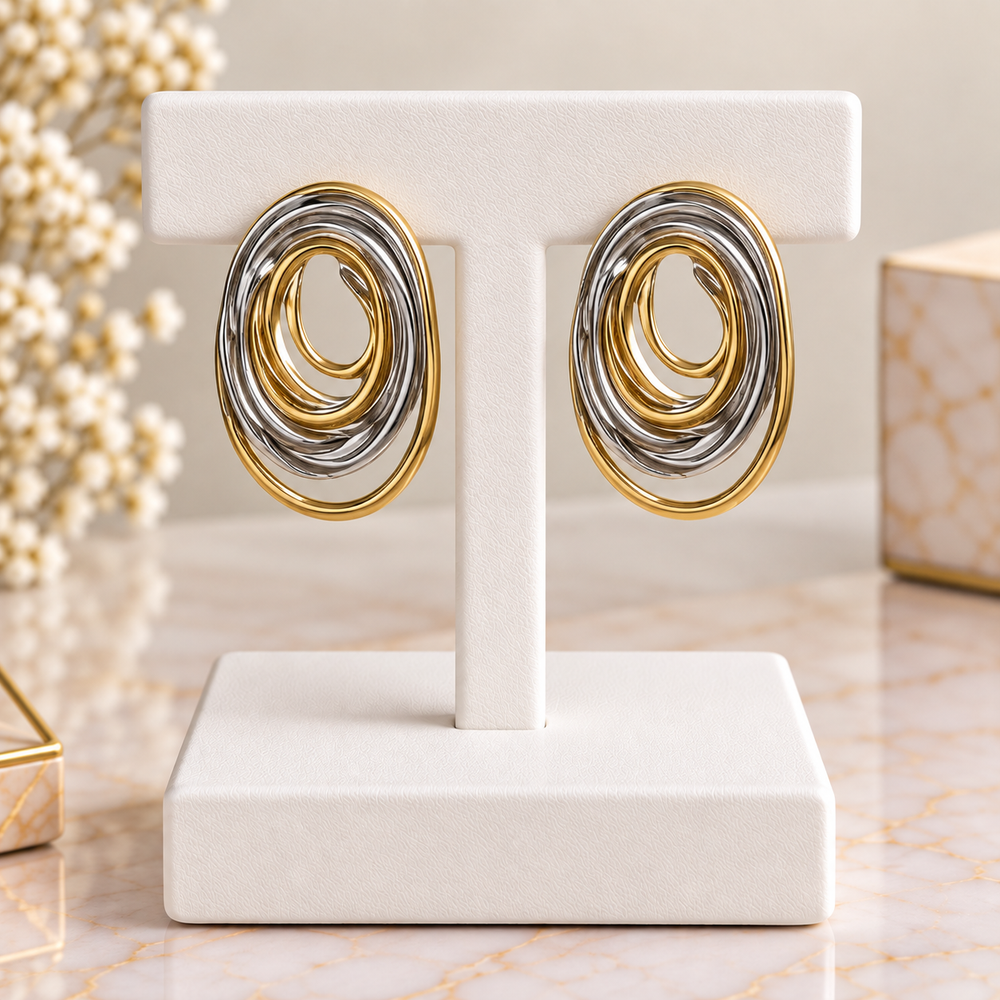 High-End Two Tone Earrings Mix Silver Color And Gold Color Stainless Steel Oval Line Stud Earrings Exagge