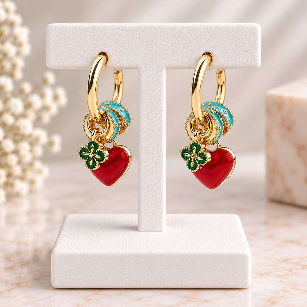 Enamel Heart and Clover Charm Gold Hoop Earrings