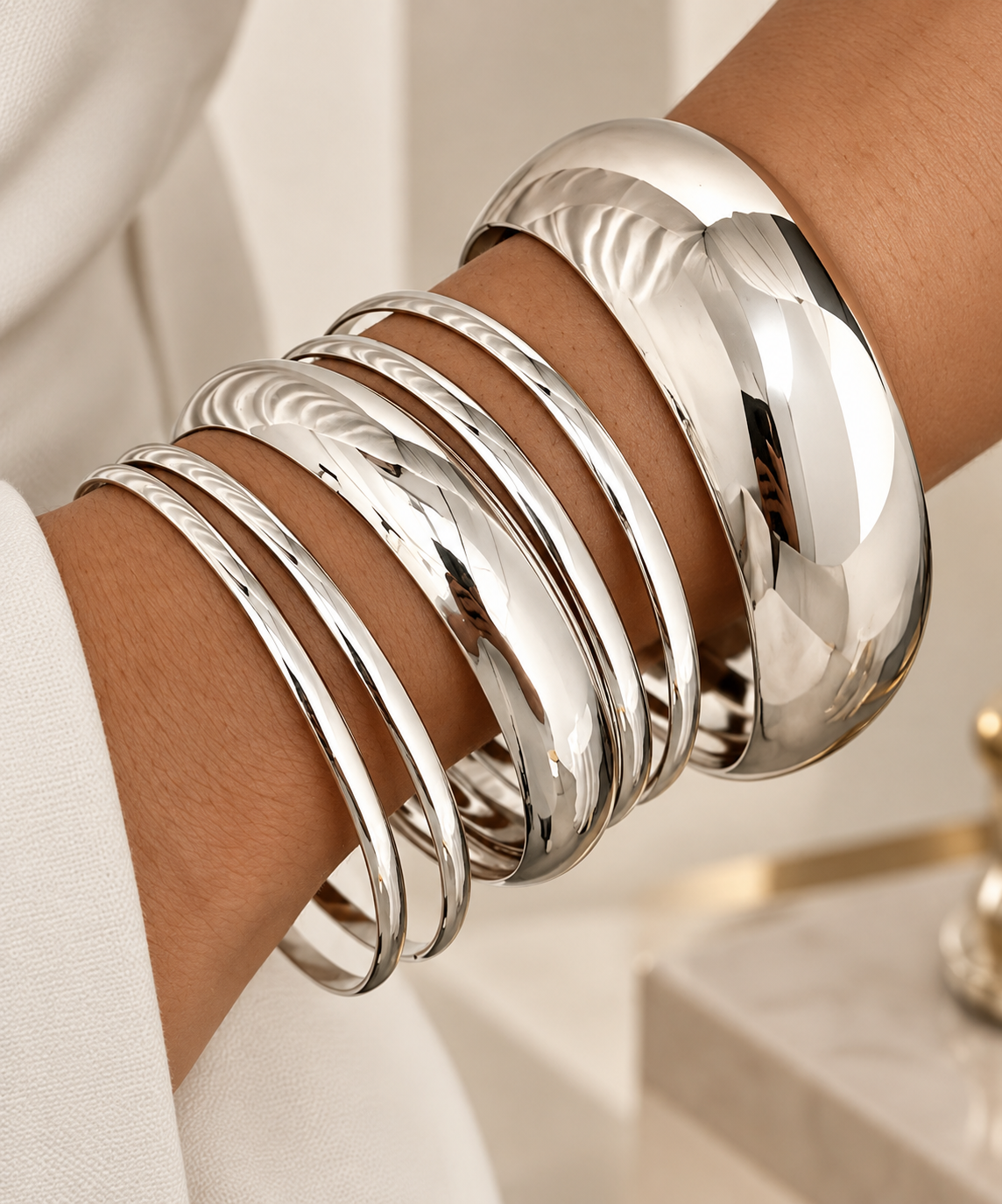 Elegant Wide Flat Silver-Tone Metal Bangle Bracelets