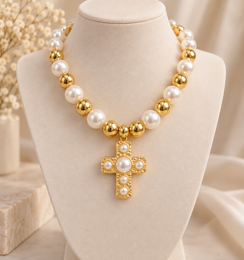 Pearl beaded choker with cross pendant