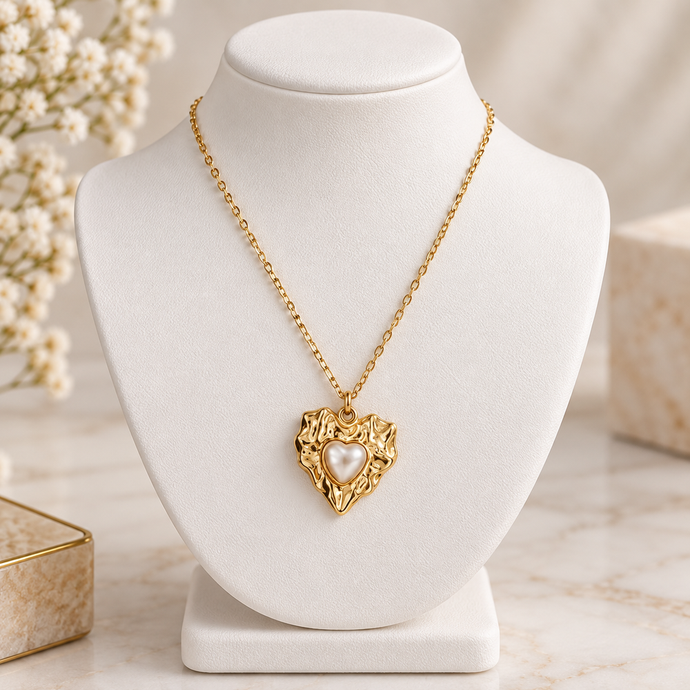 Stainless Steel Pearl Heart Pendant Necklace