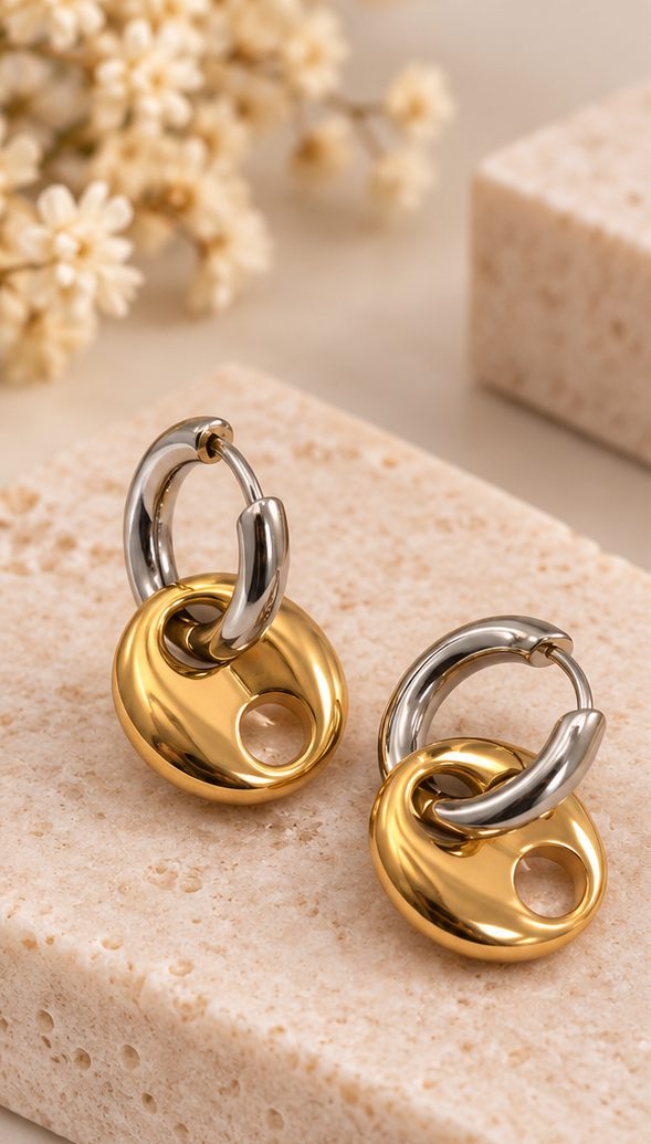 Stainless Steel Two-Tone Pig Nose Design Earrings