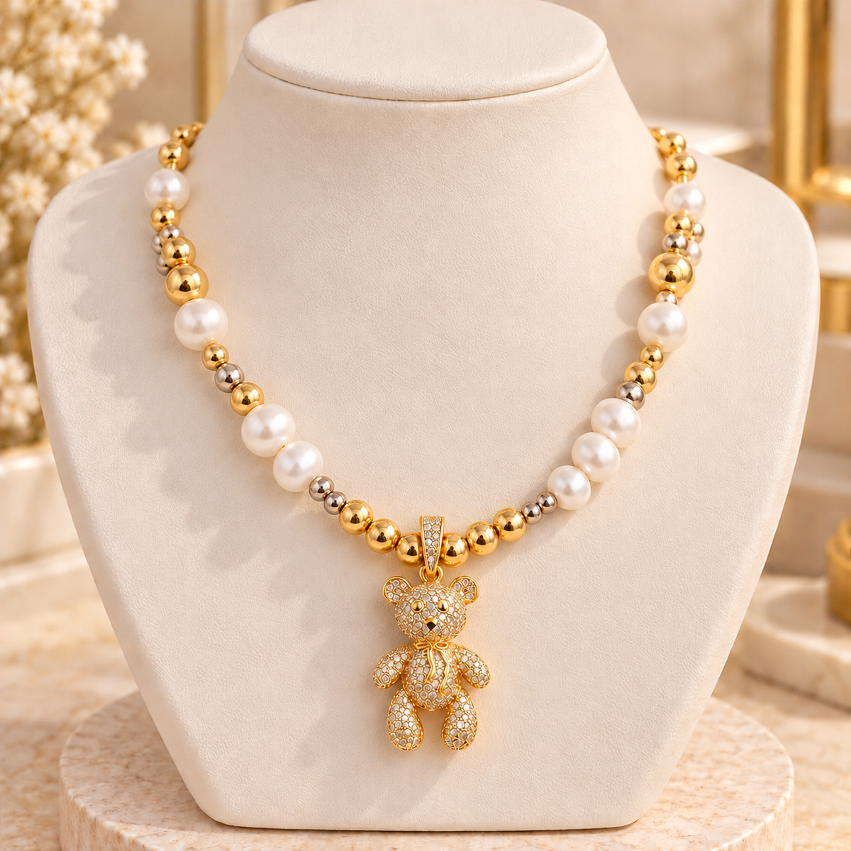 Pearl Bear Pendant Necklace