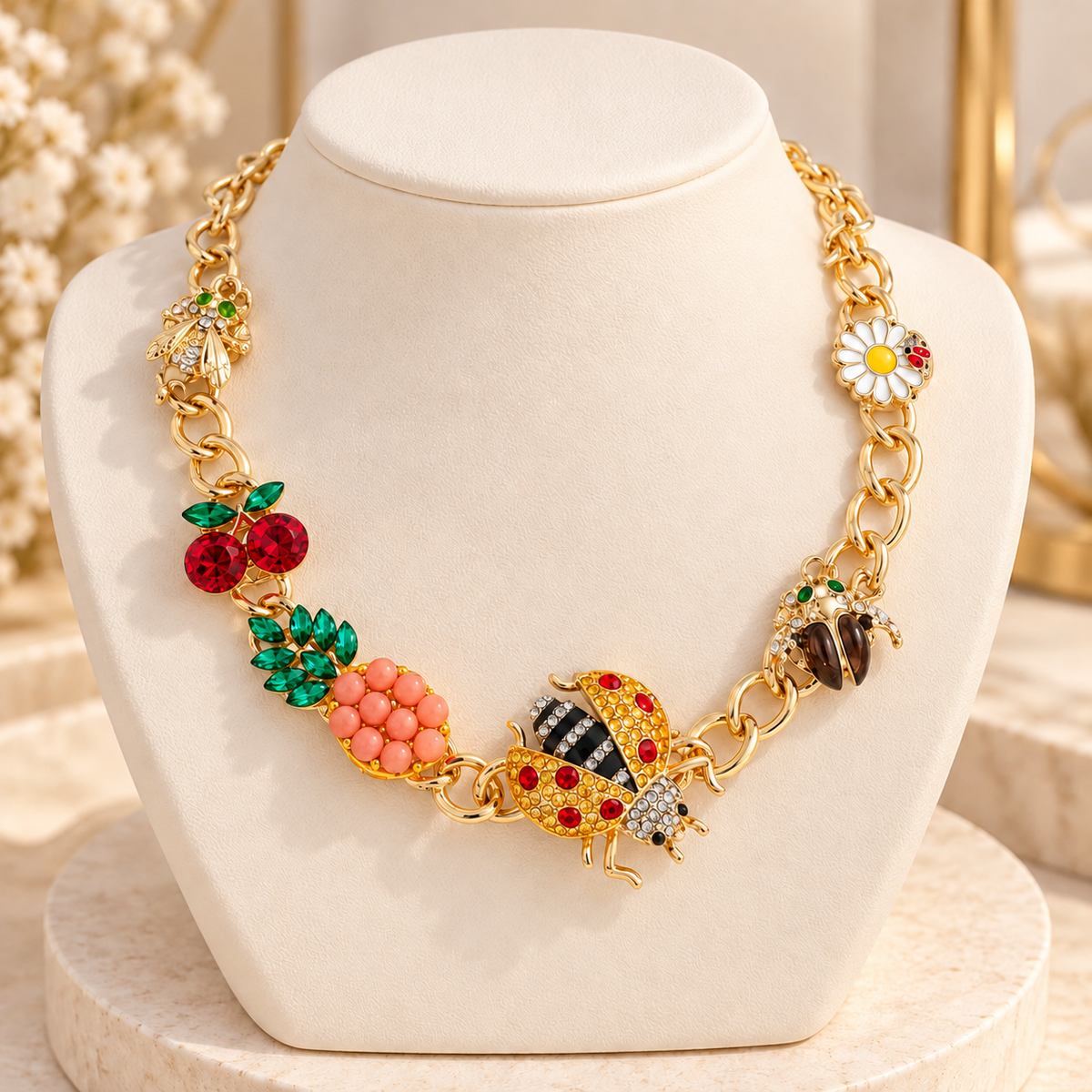 Insect and Fruit Charm Necklace